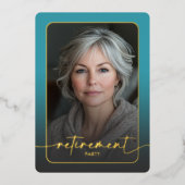 Modern Minimal Turquoise Photo Retirement Party 箔招待状 (正面)