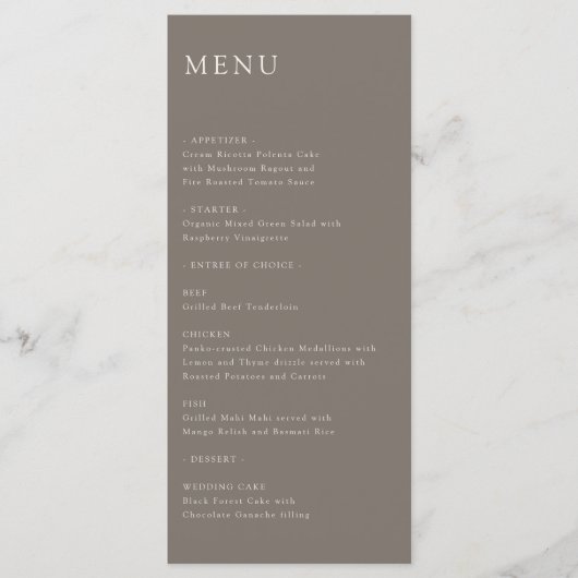 Modern Minimal Wedding Reception Menu Taupe メニュー (正面)