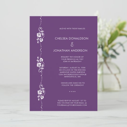 Modern Minimal White Floral Dark Purple Wedding 案内状 (スタンド正面)