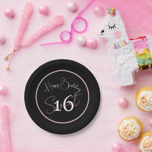 Modern Minimalist 16th Black Pink Birthday ペーパープレート (パーティー)