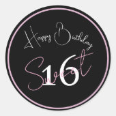Modern Minimalist 16th Black Pink Birthday ラウンドシール (正面)