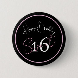 Modern Minimalist 16th Black Pink Birthday Button 缶バッジ