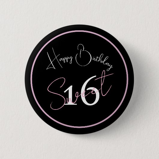 Modern Minimalist 16th Black Pink Birthday Button 缶バッジ (正面)