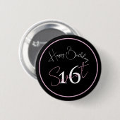 Modern Minimalist 16th Black Pink Birthday Button 缶バッジ (正面&裏面)