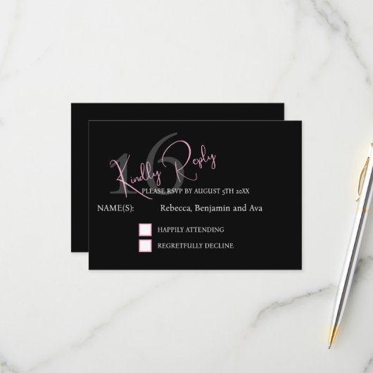 Modern Minimalist 16th RSVP Black Pink Birthday (正面/裏面インサイチュ)