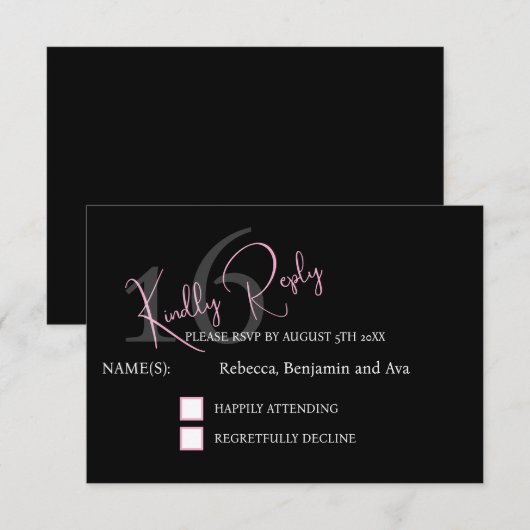 Modern Minimalist 16th RSVP Black Pink Birthday (正面/裏面)