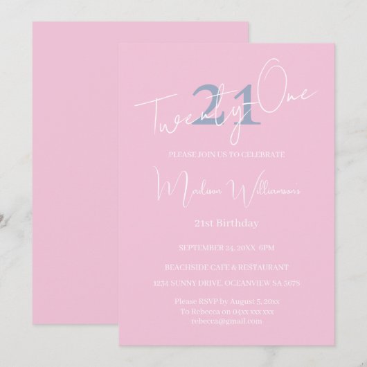 Modern Minimalist 21st Pink Blue Birthday  招待状 (正面/裏面)