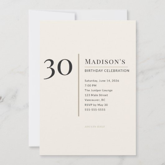 Modern Minimalist 30th Adult Birthday Celebration 招待状 (正面)