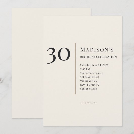 Modern Minimalist 30th Adult Birthday Celebration 招待状 (正面/裏面)