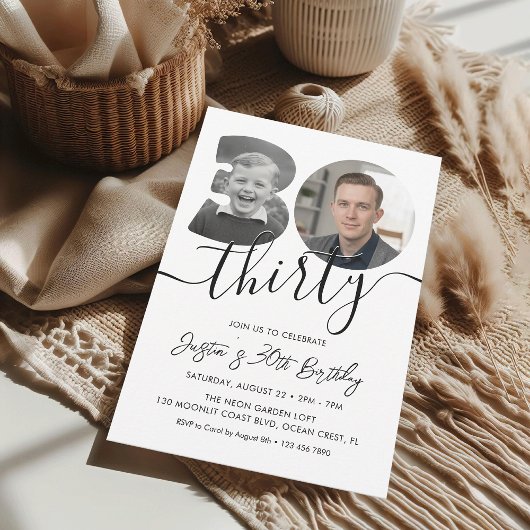 Modern Minimalist 30th Birthday Photo  招待状