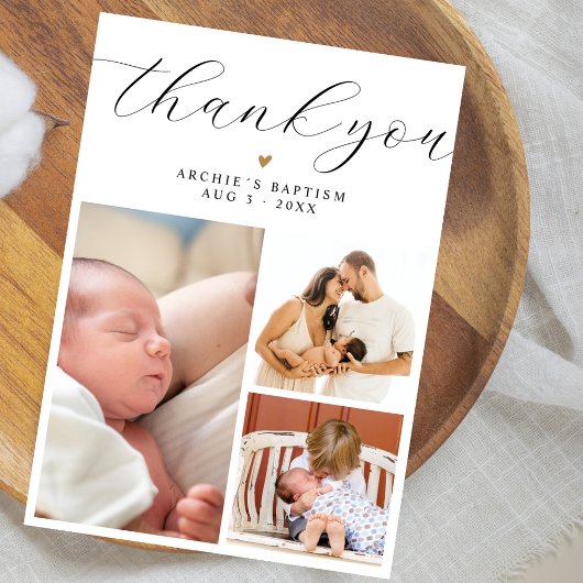 Modern Minimalist 3 Photo Collage Baptism サンキューカード