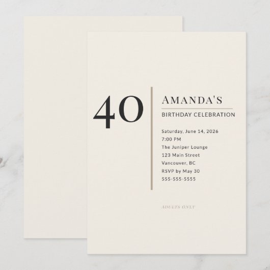 Modern Minimalist 40th Adult Birthday Celebration 招待状 (正面/裏面)