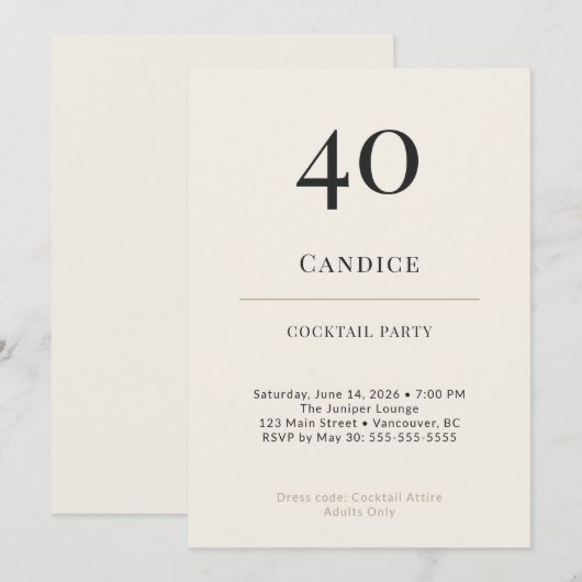 Modern Minimalist 40th Birthday Cocktail Party 招待状 (正面/裏面)