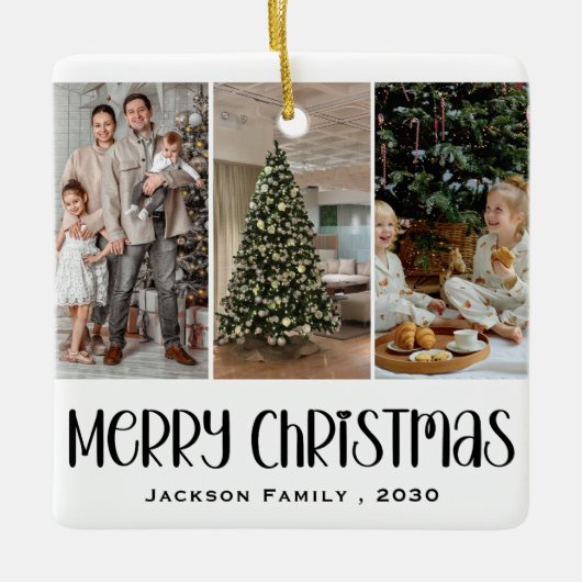 Modern Minimalist 4 Photo Collage Family Name Year セラミックオーナメント (正面)