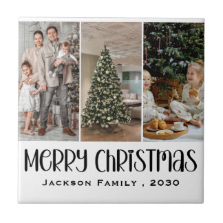 Modern Minimalist 4 Photo Collage Family Name Year タイル