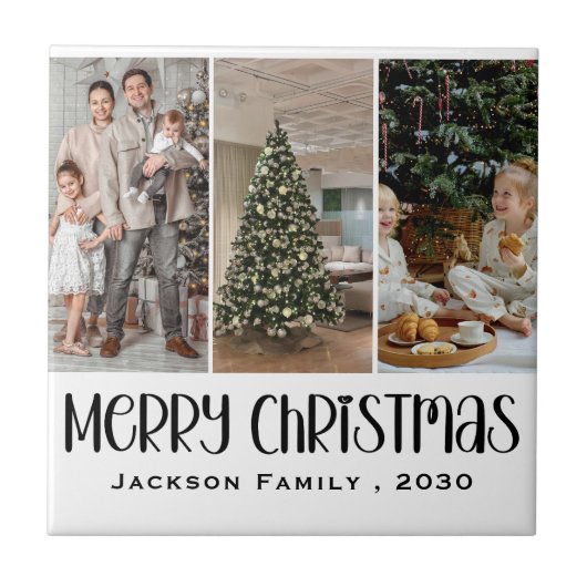 Modern Minimalist 4 Photo Collage Family Name Year タイル (正面)