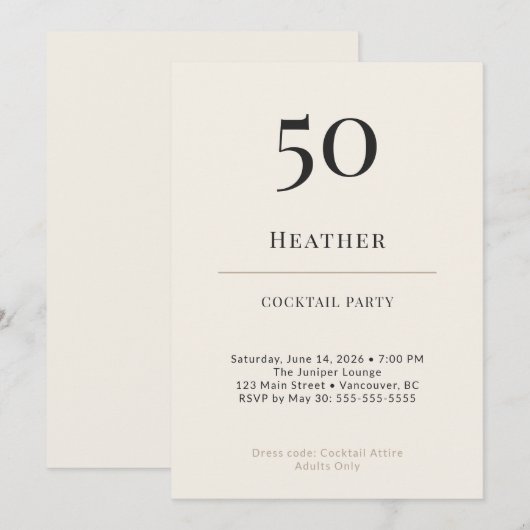 Modern Minimalist 50th Birthday Cocktail Party 招待状 (正面/裏面)