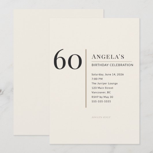 Modern Minimalist 60th Adult Birthday Celebration 招待状 (正面/裏面)