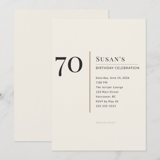 Modern Minimalist 70th Adult Birthday Celebration 招待状 (正面/裏面)