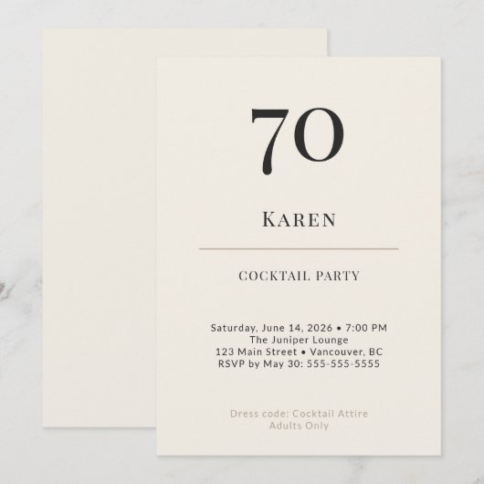 Modern Minimalist 70th Birthday Cocktail Party 招待状 (正面/裏面)