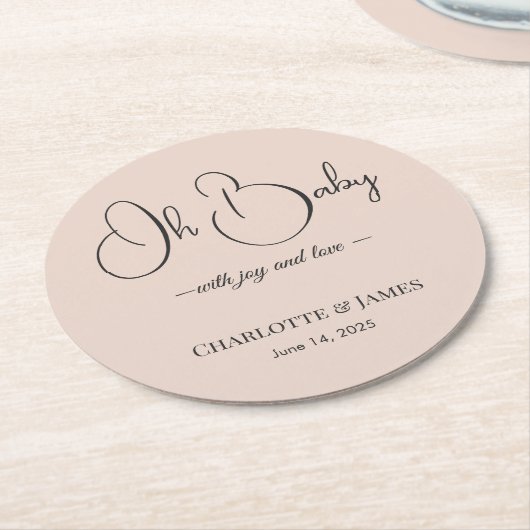Modern Minimalist Baby Shower | Powder Blush ラウンドペーパーコースター (アングル)