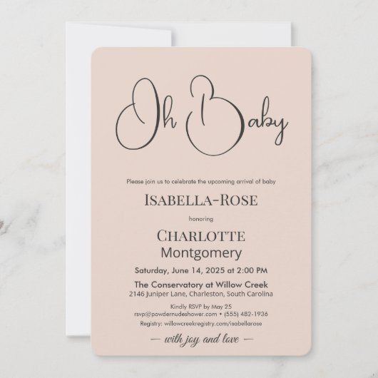 Modern Minimalist Baby Shower | Powder Blush 招待状 (正面)