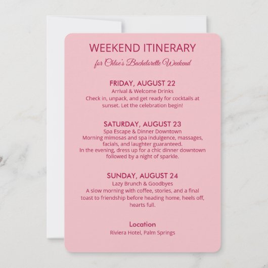Modern Minimalist Bachelorette Weekend | Pink 招待状 (裏面)