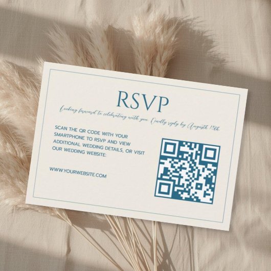 Modern minimalist beige blue QR code wedding  出欠カード