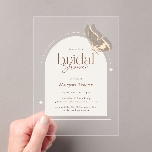 Modern Minimalist Beige Butterfly Bridal Shower アクリル招待状 (インサイチュ (ポータブル))