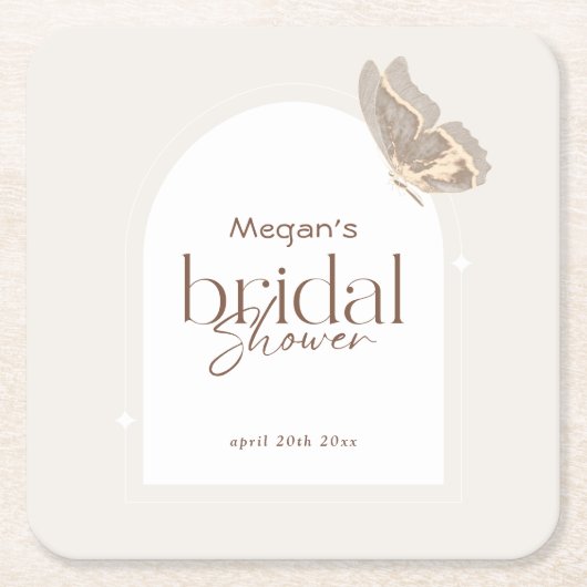 Modern Minimalist Beige Butterfly Bridal Shower スクエアペーパーコースター (正面)