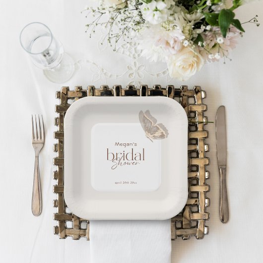 Modern Minimalist Beige Butterfly Bridal Shower ペーパープレート