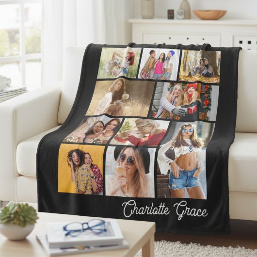Modern Minimalist Black 10 Photo Collage With Name フリースブランケット