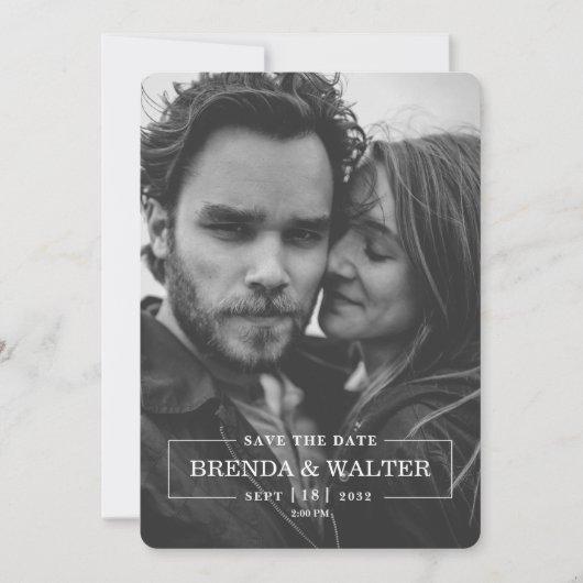 Modern Minimalist Black And White Photo Wedding 招待状 (正面)