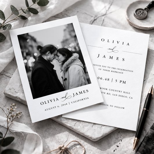 Modern Minimalist Black and White Photo Wedding 招待状