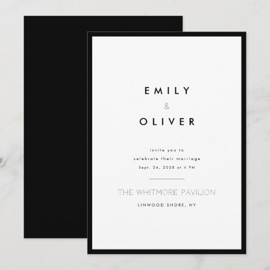 Modern Minimalist Black and White Wedding 招待状 (正面/裏面)