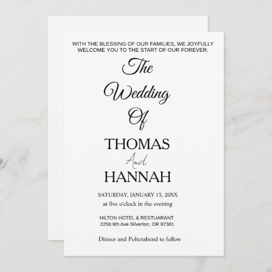 Modern Minimalist Black and White Wedding Classic 招待状 (正面/裏面)