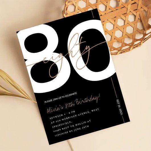 Modern Minimalist Black & Gold 80th Birthday Party 招待状