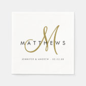 Modern Minimalist Black Gold Monogram Wedding スタンダードカクテルナプキン (正面)
