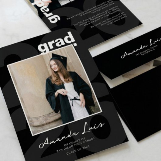 Modern Minimalist Black Graduation Photo Collage 案内状