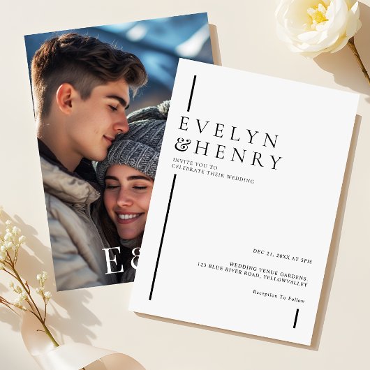 Modern Minimalist Black Line Photo Wedding 招待状