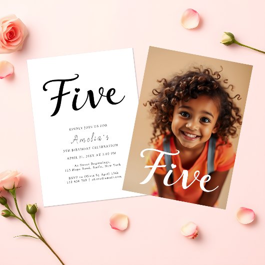 Modern Minimalist Black Script 5th Birthday Photo 招待状