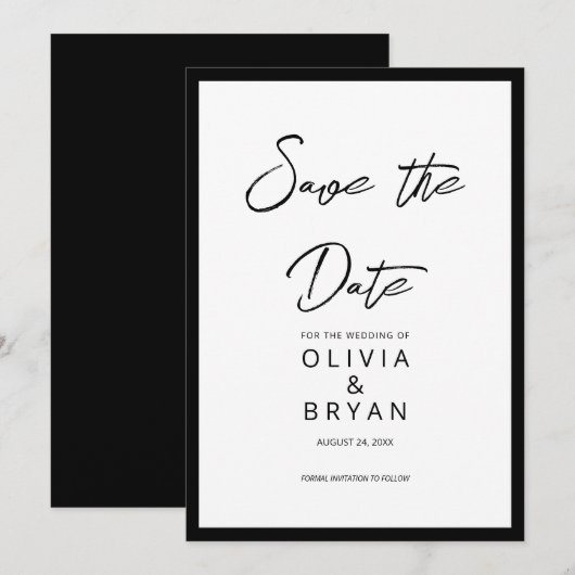 Modern Minimalist Black Script White Background セーブザデート (正面/裏面)