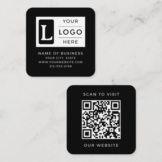 Modern Minimalist Black Square QR Code Custom Logo スクエア名刺 (正面/裏面)