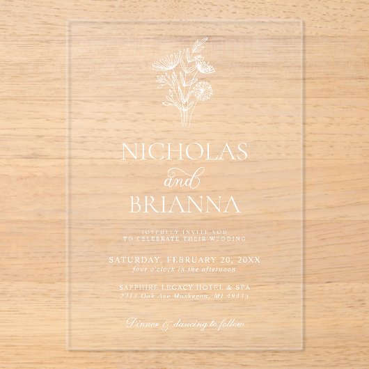 Modern Minimalist Black White Floral Wedding アクリル招待状 (正面)