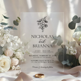Modern Minimalist Black White Floral Wedding アクリル招待状