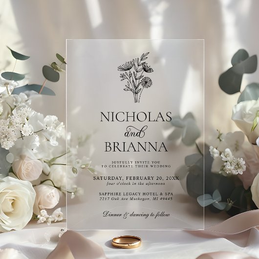 Modern Minimalist Black White Floral Wedding アクリル招待状