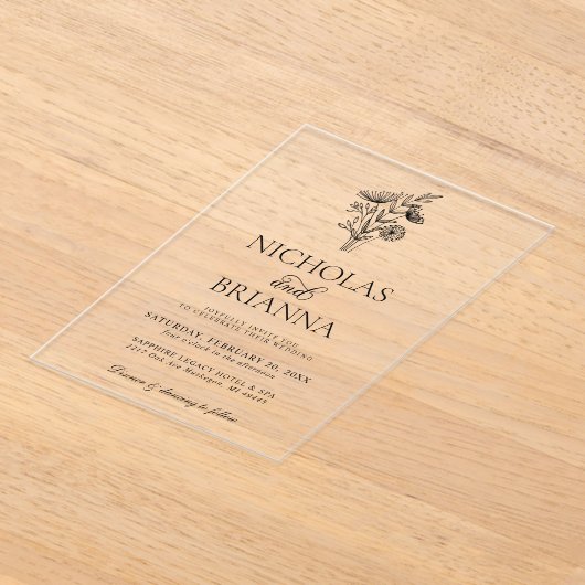 Modern Minimalist Black White Floral Wedding アクリル招待状 (レイダウン)