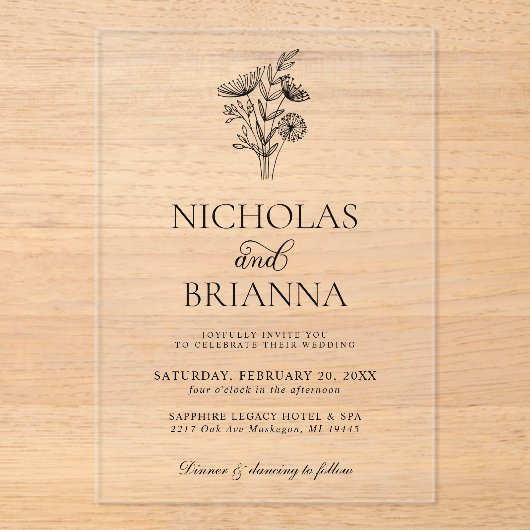 Modern Minimalist Black White Floral Wedding アクリル招待状 (正面)