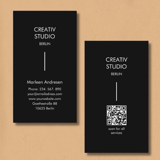 Modern Minimalist Black White QR Code 名刺