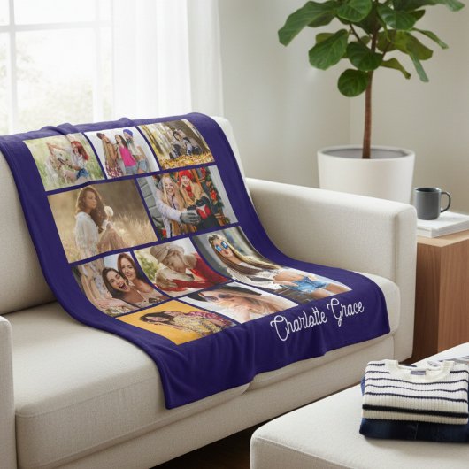 Modern Minimalist Blue 10 Photo Collage With Name フリースブランケット